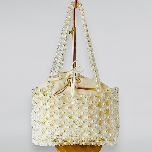 ビーズバッグ【キラキラクリアビーズ&パール】巾着付き ショルダー