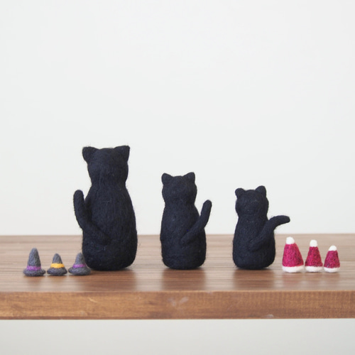 3way黒猫3brothers羊毛フェルト/ハロウィン＆Xmas帽子つき(受注制作