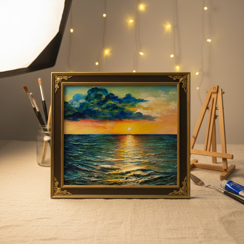 油絵【Sea at Dusk】夕暮れの海 ｜ フレーム付 原画 玄関・寝室の彩り