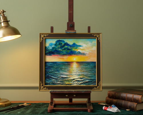 油絵【Sea at Dusk】夕暮れの海 ｜ フレーム付 原画 玄関・寝室の彩り