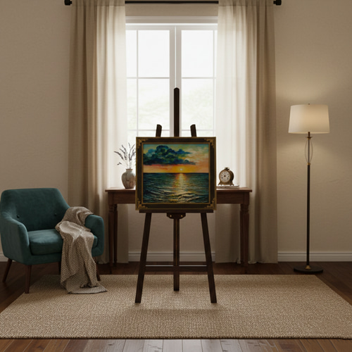 油絵【Sea at Dusk】夕暮れの海 ｜ フレーム付 原画 玄関・寝室の彩り