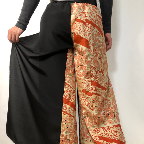 着物帯パンツ【黒】ハンドメイド ワイドパンツ 和柄 着物