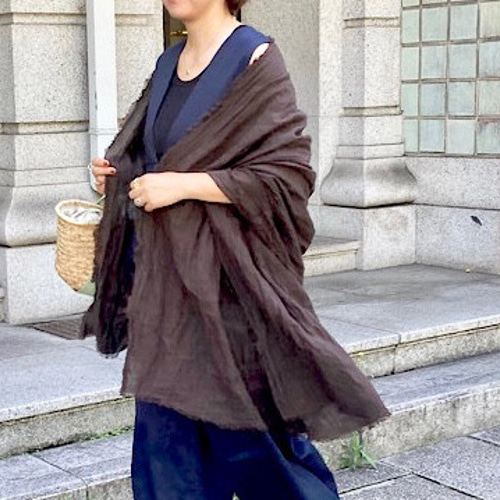 秋色 ベルギーリネン100% フリンジ大判ストール 柔らか ビターブラウン