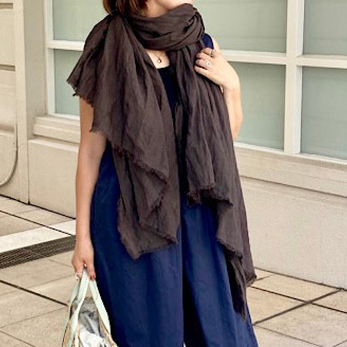 秋色 ベルギーリネン100% フリンジ大判ストール 柔らか ビターブラウン
