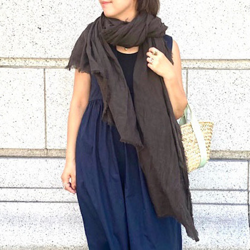 秋色 ベルギーリネン100% フリンジ大判ストール 柔らか ビターブラウン