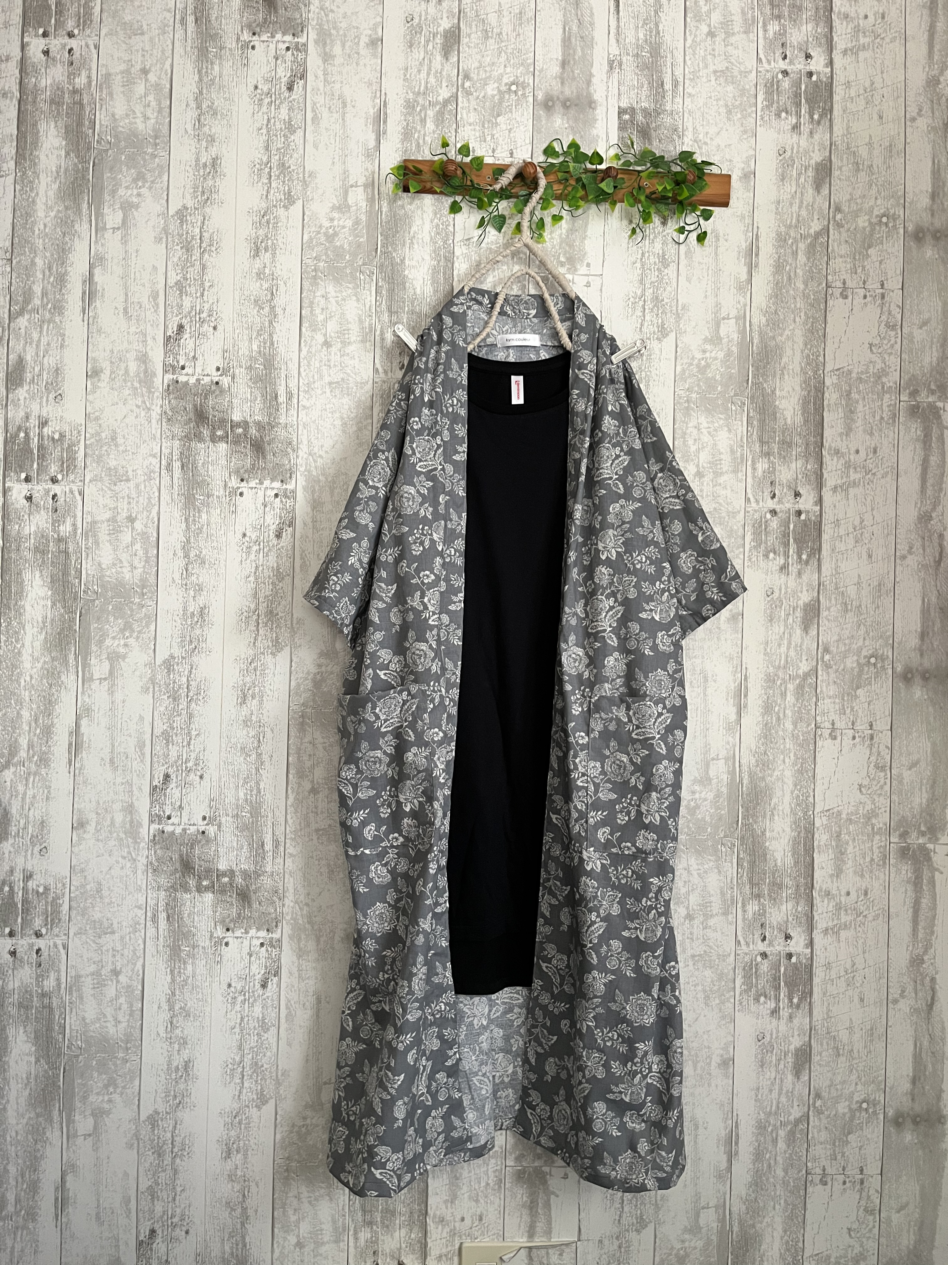 cottonリネンボタニカルアンティークグレー色ゆったりドルマン夏カーディガン