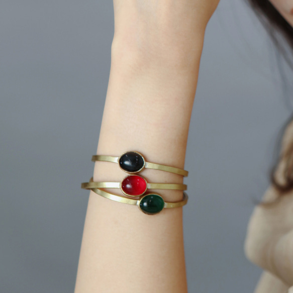 【在庫処分SALE】真鍮 ガラスバングル  選べる3collar  アンティークゴールド  BB020 3枚目の画像