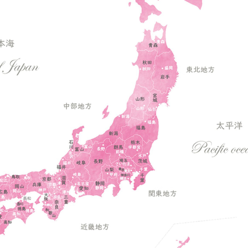 日本地図ポスター 県庁所在地・都道府県 北欧デザイン ピンク A2サイズ