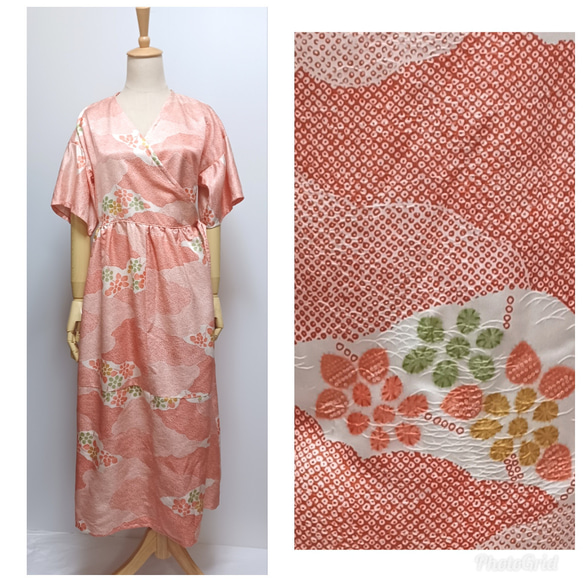 着物リメイク M カーディガンにもなるカシュクールワンピース オレンジ