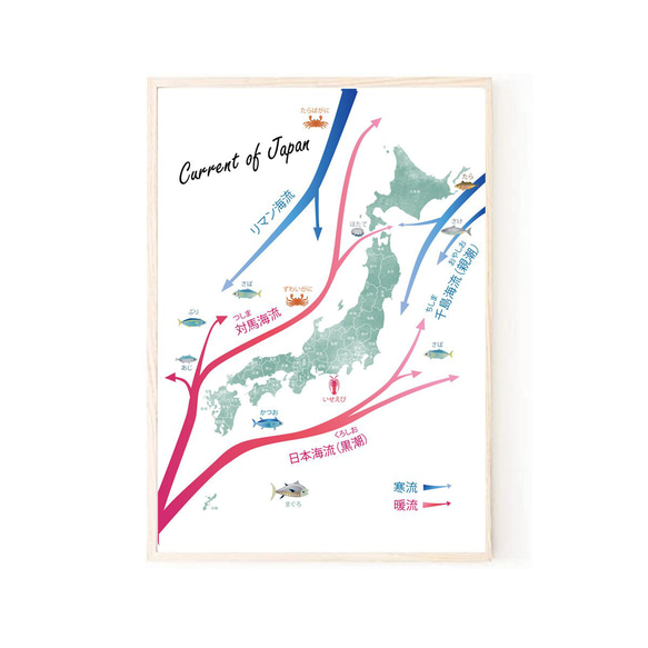 【SALE】日本地図 ポスター 海流 北欧デザイン A4 A3 A2サイズ 1枚目の画像
