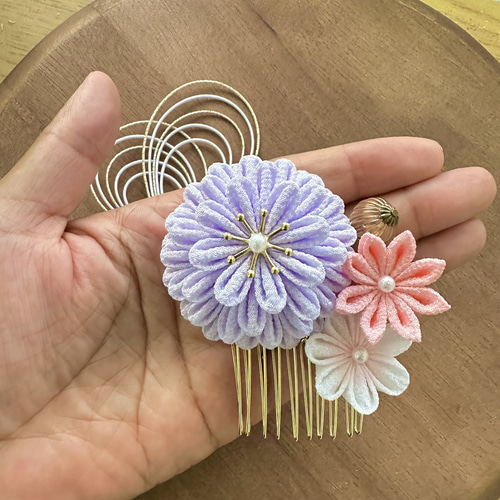 ✳︎ダリア×小花髪飾り×ミニ水引ピン✳︎つまみ細工#10 コーム MAMO  
