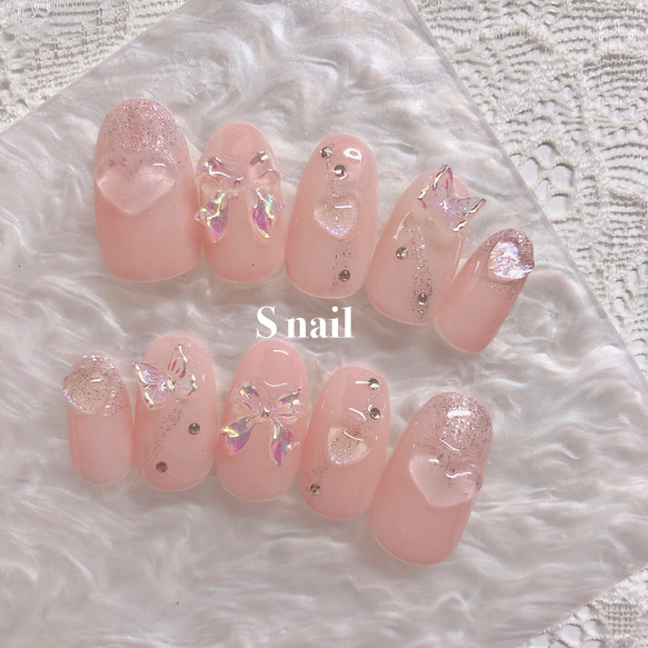 【No.2】オーダーチップ うるうる リボン ハート フレンチ ワンホン ネイルチップ ピンク ワンホンネイル 韓国 うるうるネイル