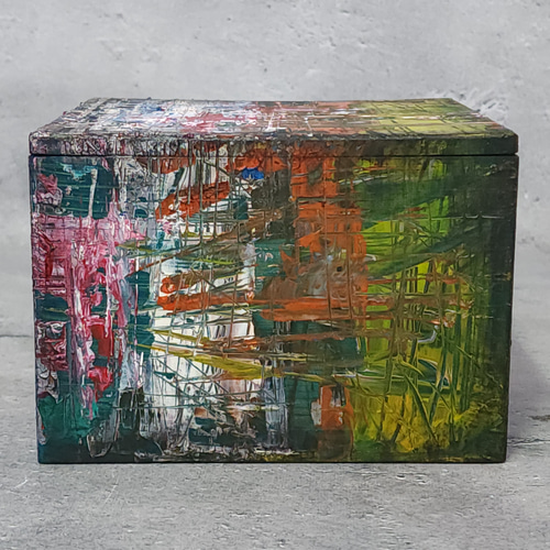 【抽象画・原画額装】具体アート的表現｜赤と緑の構成｜作者不詳 一点もの ひろ・あおき 作 「筥001」力への意思 アクリル/木箱 抽象絵画