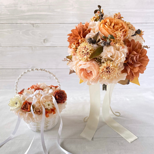 ダークオレンジ　ベージュ　ブラウン　ポピー　ダリア　ウェディングブーケ　造花 1束 フラワー・ガーデニング ダークオレンジ ベージュ ブラウン ポピー