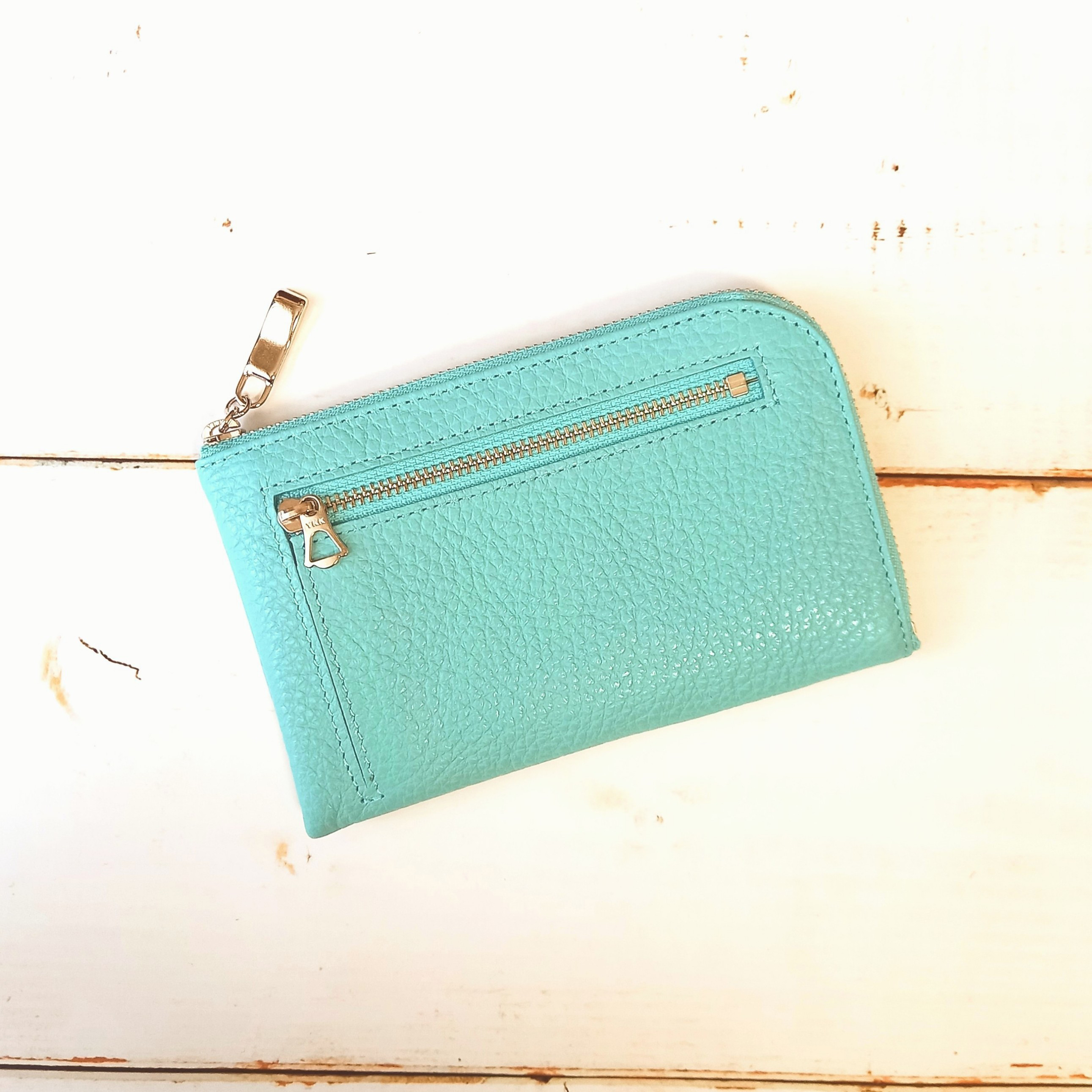 スリムで軽いミニ財布(ミントブルー)高級イタリアンレザー◇カード入れは10か所！【かわつむ】牛革 L字ファスナー財布 皮