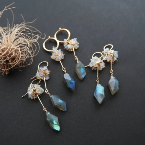 14kgfフローライトスピンドルカット・カラーオパールピアス/イヤリング