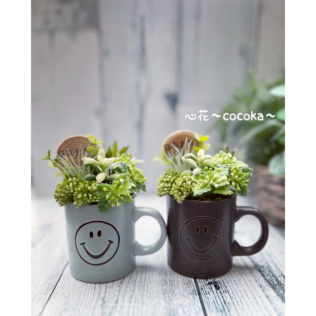 スマイリーマグ❁︎フェイクグリーン・フェイク多肉植物 寄せ植え風  
