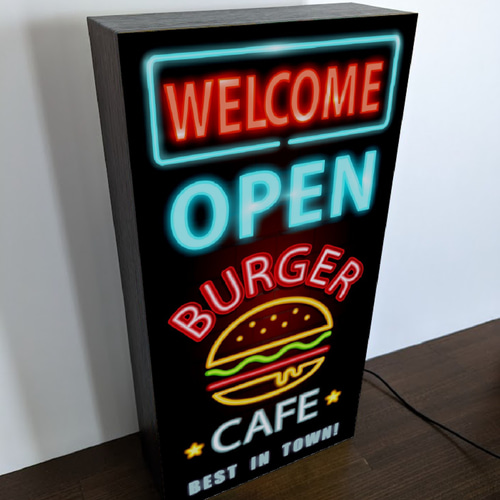 Lサイズ】バーガーカフェ オープン ハンバーガー ネオン系 Lサイズ】バーガーカフェ オープン ハンバーガー ネオン系