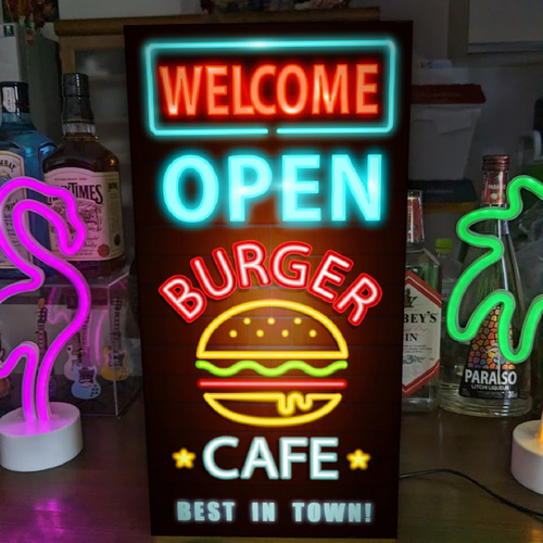Lサイズ】バーガーカフェ オープン ハンバーガー ネオン系 Lサイズ】バーガーカフェ オープン ハンバーガー ネオン系