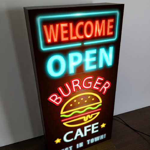 Lサイズ】バーガーカフェ オープン ハンバーガー ネオン系 Lサイズ】バーガーカフェ オープン ハンバーガー ネオン系