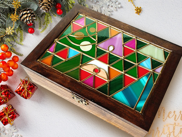 クリスマスの木箱 森のサンタ 昭和レトロな小物入れ ステンドグラス風