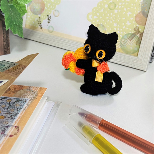 黒猫の金木犀ハート♡あみぐるみ♡受注製作品 あみぐるみ