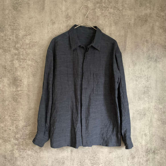 バンブーリネンの比翼シャツ 生成り/インディゴ Bamboo linen shirt 1枚目の画像