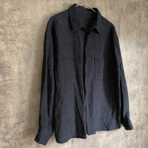 バンブーリネンの比翼シャツ 生成り/インディゴ Bamboo linen shirt 3枚目の画像