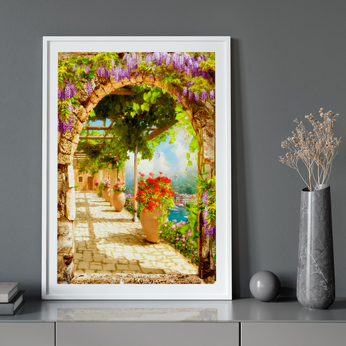 アートポスター 地中海のテラスと藤棚の風景 青い海を望む南欧リゾート