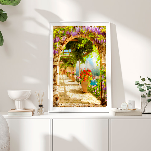 アートポスター 地中海のテラスと藤棚の風景 青い海を望む南欧リゾート