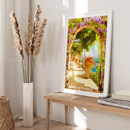 アートポスター 地中海のテラスと藤棚の風景 青い海を望む南欧リゾート