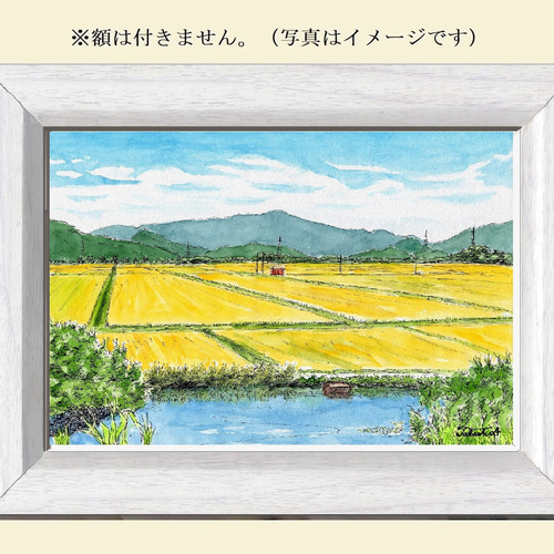原画一点物 「稲穂が黄金色に変わる秋の農村」 ＜ペンスケッチ＋透明