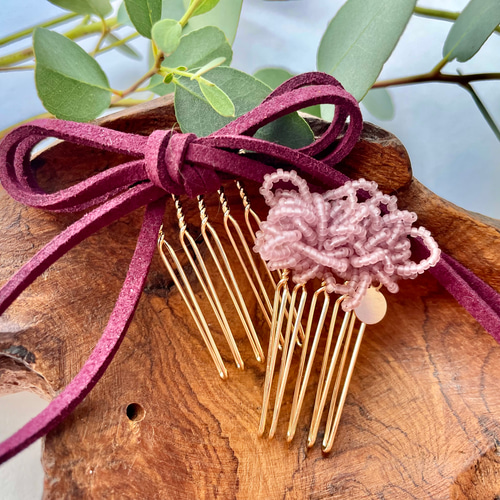 ビーズヘアアクセサリー/ヘアコーム/結婚式/ヘアアクセサリー/ピンク  