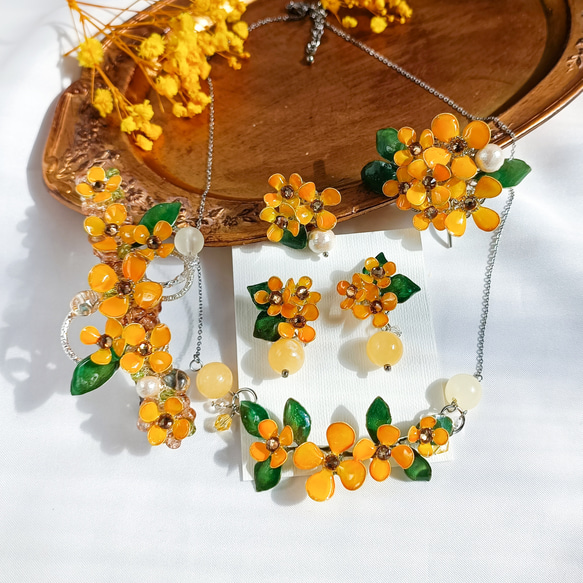 金木犀 Sweet Olive お花とガラスとコットンパール silver 【バレッタ】 na-mia 16枚目の画像