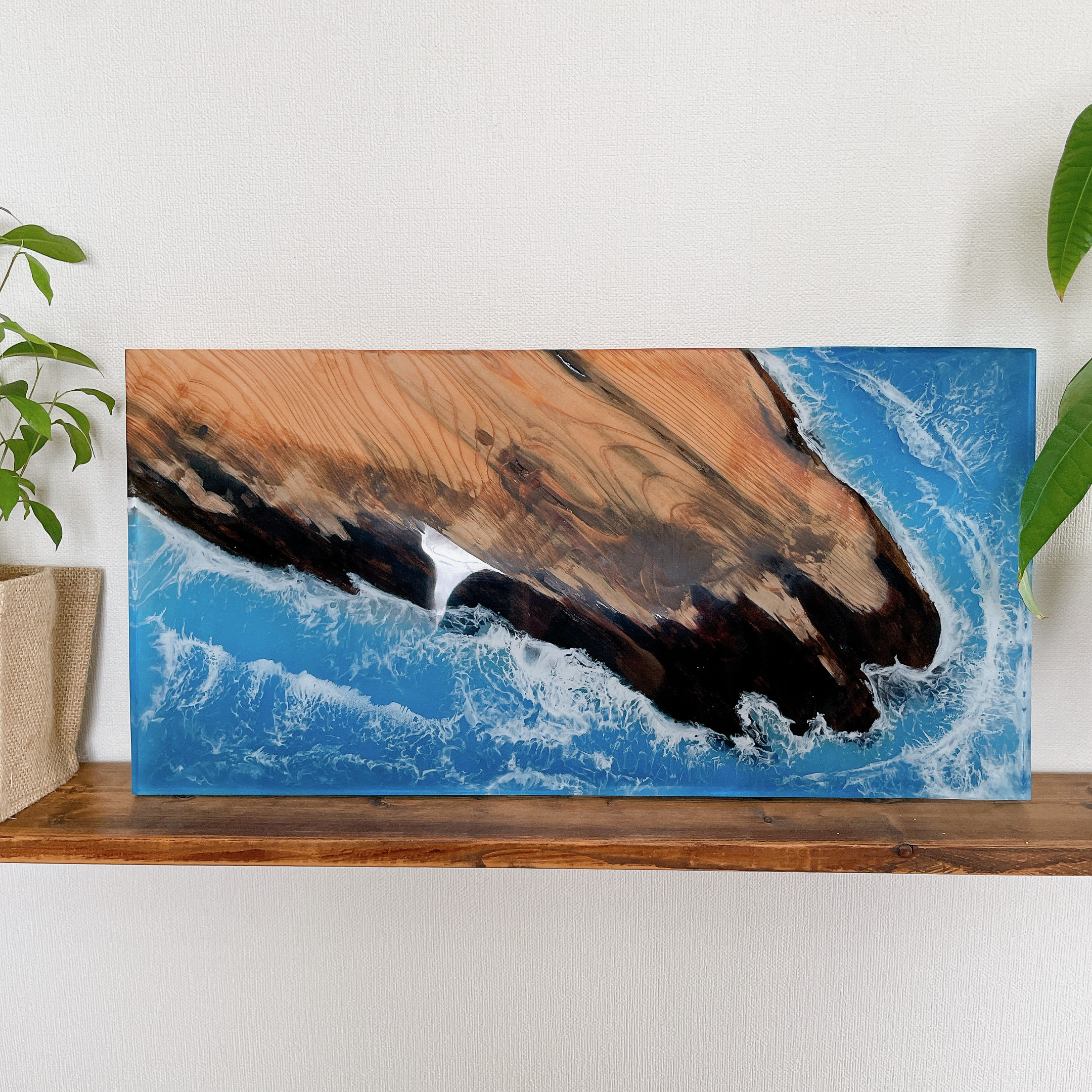 ハワイの大きな海のレジンオーシャンアート 木製パネル90×30 3ウェーブ