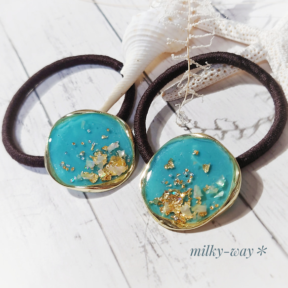 ひまわりとシェル入り グリーン ハートヘアゴム ひまわり ヘアアクセ