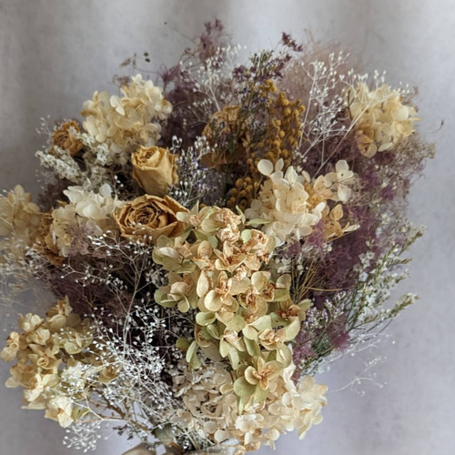 スモークツリーと紫陽花　かすみ草にニゲラのアンティークなドライフラワースワッグ スモークツリーと紫陽花かすみ草にニゲラのアンティークなドライ