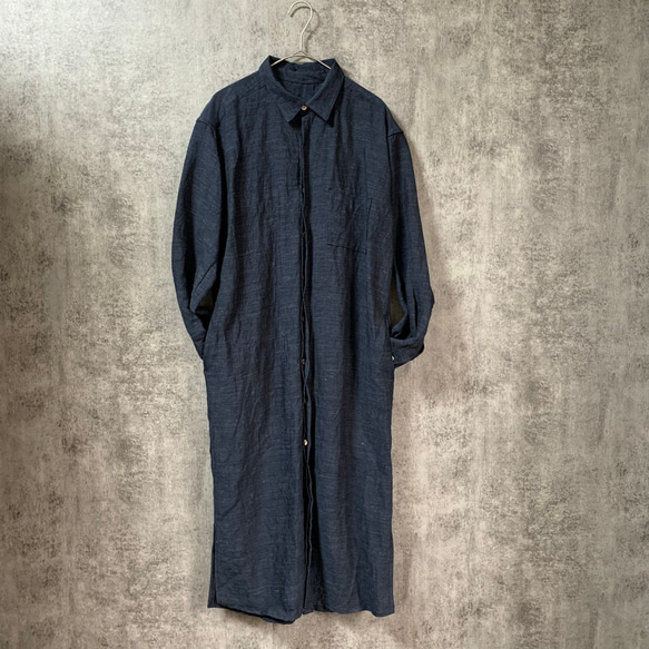 バンブーリネンシャツワンピース 生成り/インディゴ Bamboo linenshirt dress 7枚目の画像