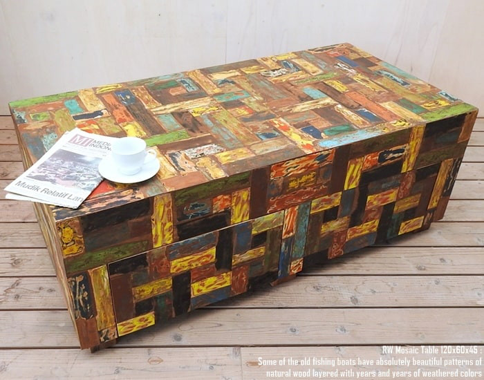 一点物 ボートウッド モザイクテーブル 120cm × 60cm 船古材 ボート再生家具 古材 ローテーブル 無垢材