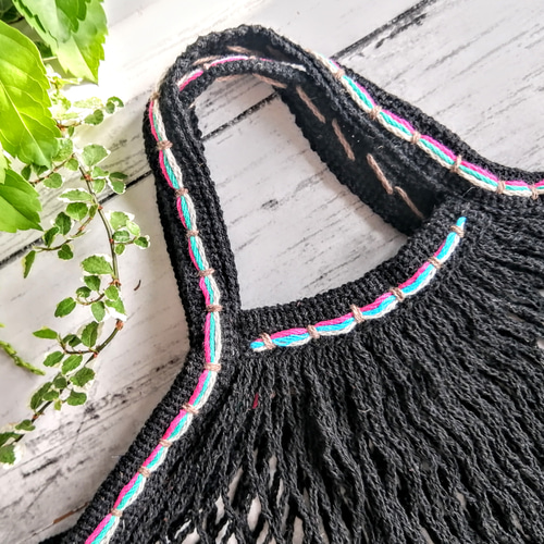 しましまネコ ブラック 刺繍バッグ エコバッグ トートバッグ