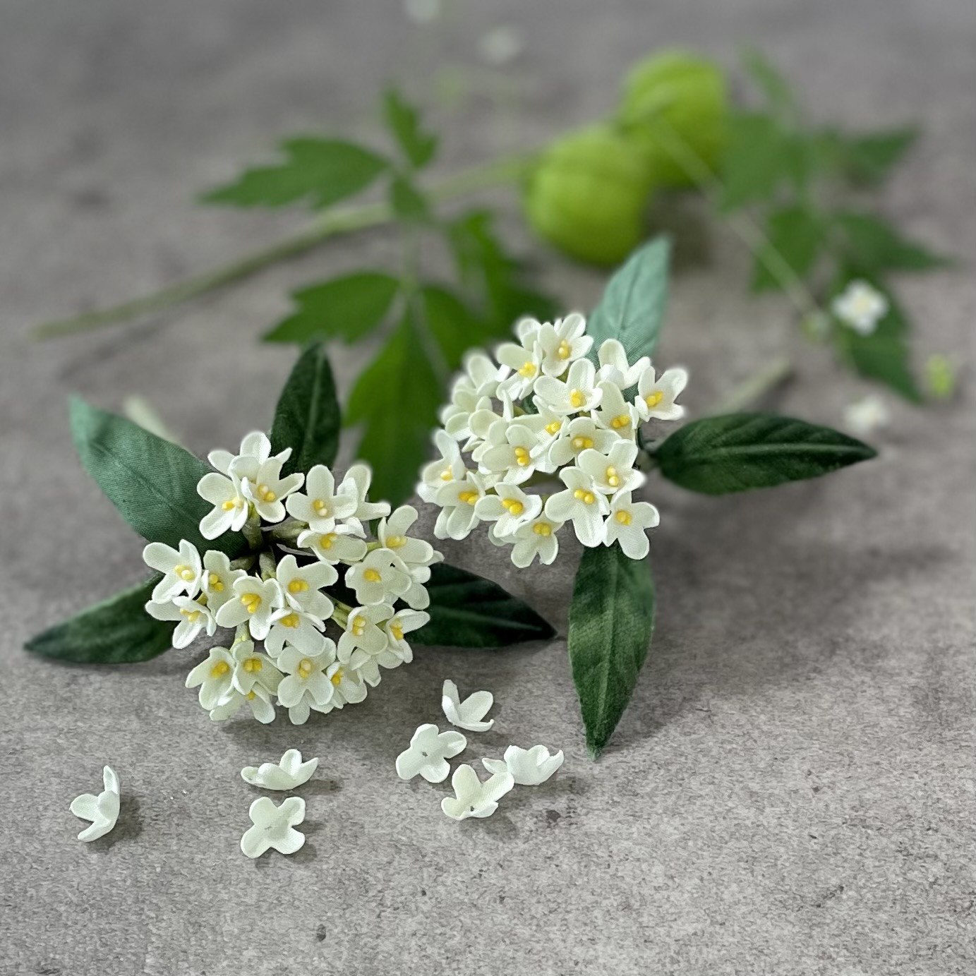 布花白く小さな可憐な花姿。控えめな香りの銀木犀のブローチ