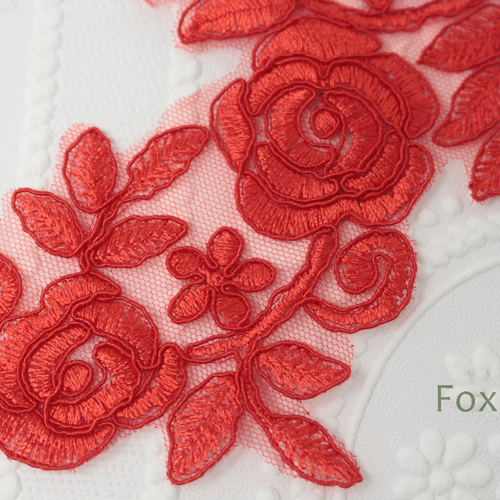 チュールコード刺繍モチーフ 1対 花 赤色 (MFLC42RDEJJL) レース チュールコード刺繍モチーフ 1対 花 赤色 (MFLC42RDEJJL) レース