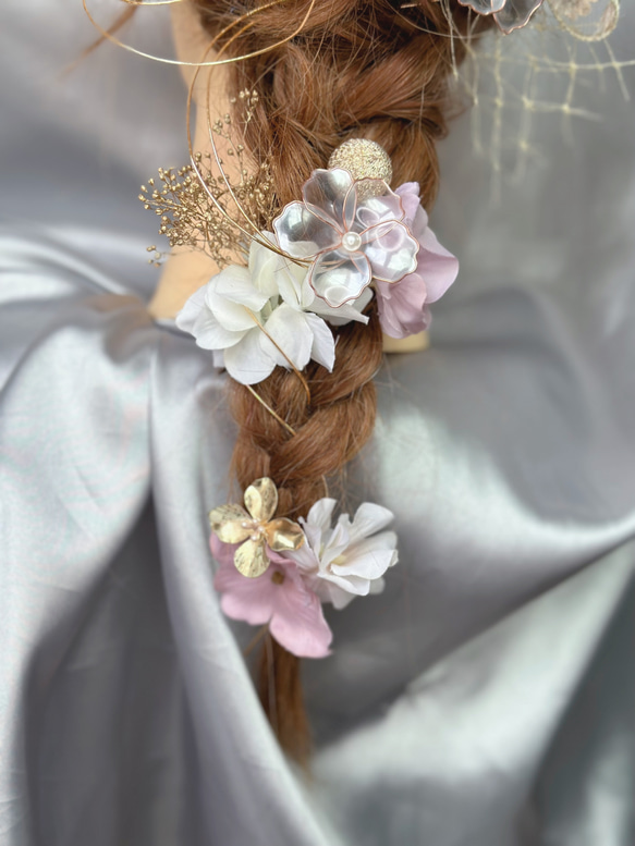 【新作】パープル✖️ゴールド　編みおろし　刺繍リボ　成人式髪飾り　結婚式　卒業式　アメリカンフラワー　紫 4枚目の画像