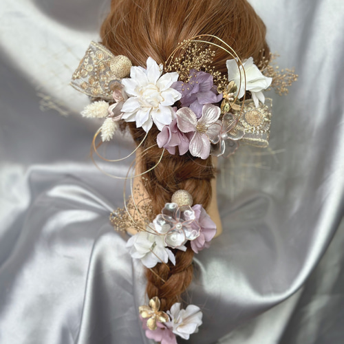 新作】パープル✖️ゴールド 編みおろし 刺繍リボ 成人式髪飾り 結婚式