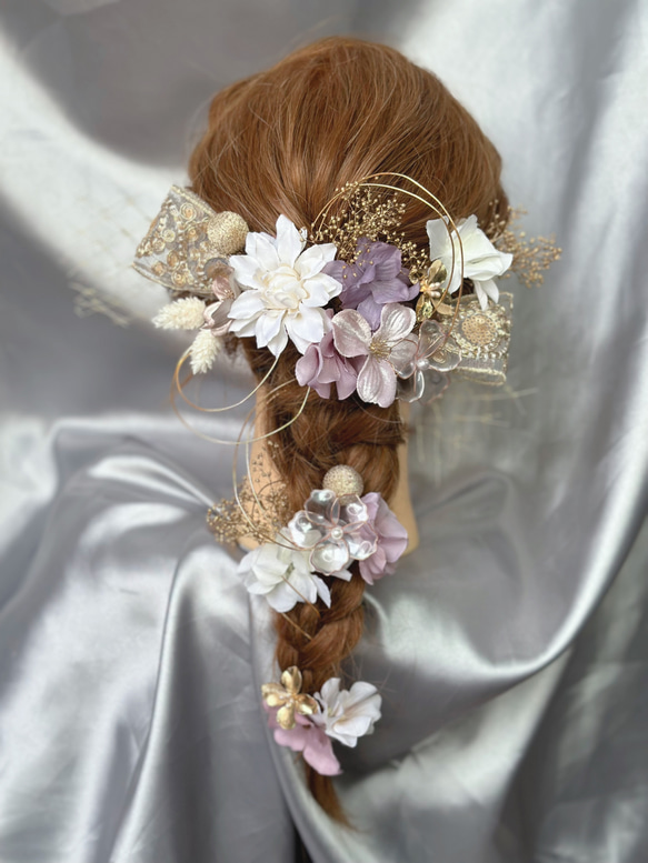 【新作】パープル✖️ゴールド　編みおろし　刺繍リボ　成人式髪飾り　結婚式　卒業式　アメリカンフラワー　紫 2枚目の画像