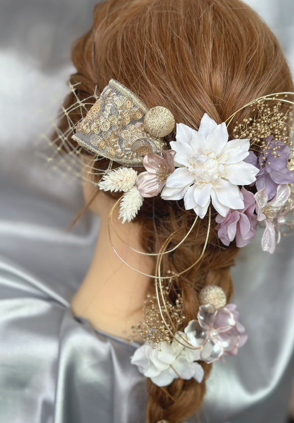【新作】パープル✖️ゴールド　編みおろし　刺繍リボ　成人式髪飾り　結婚式　卒業式　アメリカンフラワー　紫 3枚目の画像