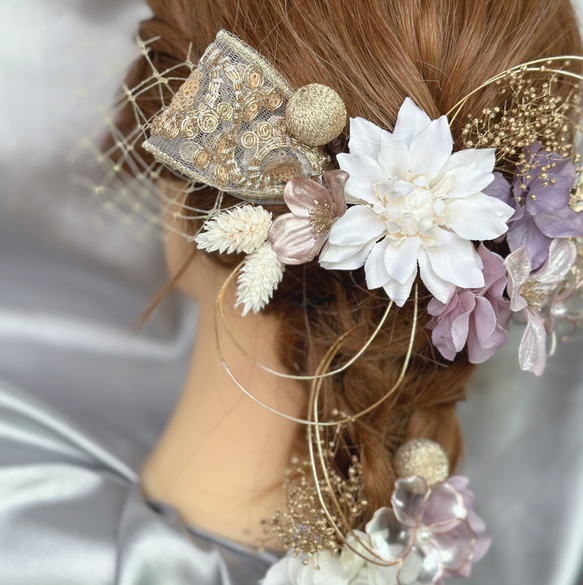 【新作】パープル✖️ゴールド　編みおろし　成人式髪飾り　結婚式　卒業式　アメリカンフラワー　紫　ラプンツェルヘア        Ω 人気・おすすめ｜安定人気・収納便利におすすめ 期間限定割引 配送追跡可 国内発送・メーカー保証対応