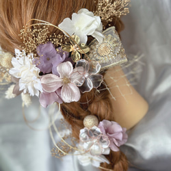 【新作】パープル✖️ゴールド　編みおろし　刺繍リボ　成人式髪飾り　結婚式　卒業式　アメリカンフラワー　紫 1枚目の画像