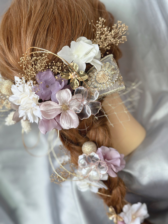 【新作】パープル✖️ゴールド　編みおろし　刺繍リボ　成人式髪飾り　結婚式　卒業式　アメリカンフラワー　紫 1枚目の画像