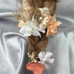 【新作】オレンジ✖️ゴールド　編みおろし　刺繍リボ　成人式髪飾り　結婚式　卒業式　アメリカンフラワー　ラプンツェル 4枚目の画像